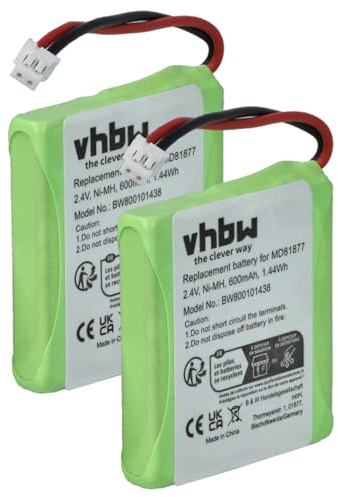 vhbw 2X NiMH Akku Set 600mAh (2.4V) kompatibel mit Medion Life S63006, S63008, S63022, Slim 500, X680 schnurlos Festnetz Telefon - Ersatz für 5M702BMX, GP0827, GPHP70-R05