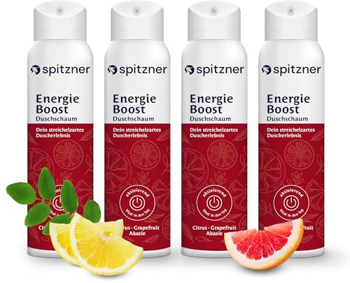 Spetsig duschskum Energi (4 x 50 ml) – aktiverande wellness-dusch, citron och trä, livligt och energiskt, skonsamt rengöringsskum, hudvänlig och 100 % vegansk