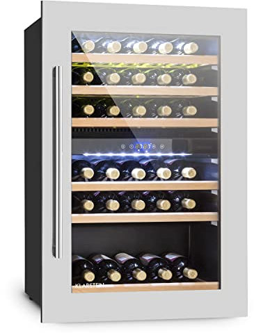 KLARSTEIN Vinsider 35D - frigorifero per vini e bevande, 128 litri, 41 bottiglie, 6 ripiani in legno, frigorifero da incasso, porta in acciaio inox, illuminazione interna LED, nero-argento