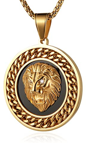 AsAlways Collana da uomo con ciondolo rotondo a forma di medaglione in acciaio inox placcato oro, con strass e testa di leone, 61 cm, Acciaio inossidabile, Nessuna pietra preziosa