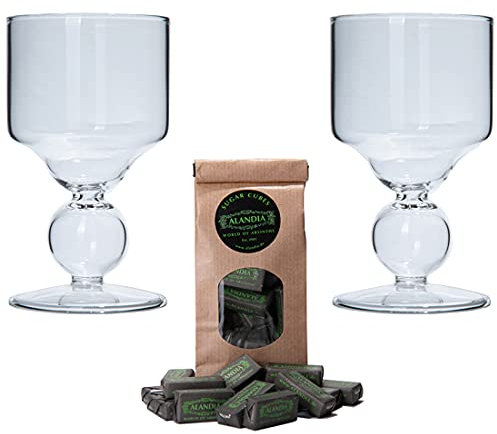 Absinthe Verres de ALANDIA | 2x Verre à Boule faits à la main avec Réservoir | 1x Cube de Sucre | Accessoires professionnels pour le Rituel