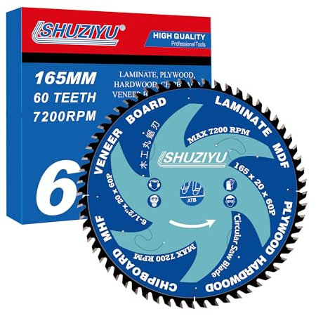 LSHUZIYU, 165mm 60T, Dünne Schnittfuge 1.6mm. Mittelloch 20mm mit 15.88mm Unterlegscheibe. Akku-Sägezubehör, Kreissägeblatt für die Holzbearbeitung, Sägeblatt für Holz.
