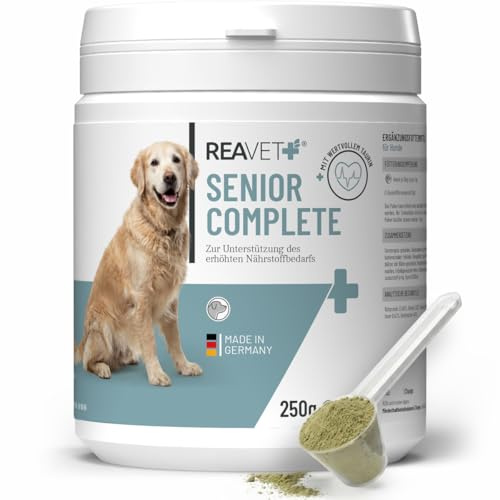 ReaVET Senior Complete Polvo para perros mayores: minerales, aminoácidos y vitaminas para perros viejos, función de memoria y corazón, vitalidad, agilidad, alimento para personas mayores
