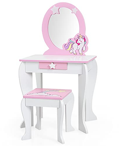 COSTWAY Coiffeuse pour Enfant avec Tabouret, Coiffeuse de Princesse, Rose, avec tiroir et Miroir Amovible, pour Filles de 3 à 7 Ans, Blanche