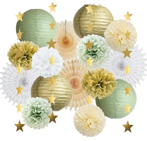 Décorations de fête vert sauge et or - Lanternes et éventails en papier blanc - Pour anniversaire, fête prénatale, fiançailles, mariage