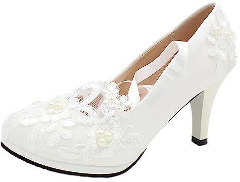 Jamron Donna Elegante Pizzo Ricamo 8CM Tacco Bianco Scarpe da Sposa con Perle SN070427 EU39.5