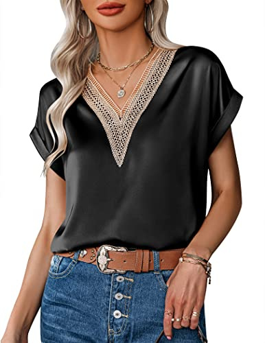 Zeagoo Dam-t-shirt, satinblus, spets, v-ringad, skjorta, eleganta blusar, kortärmad tunika, topp, lediga toppar, sommar, lösa toppar