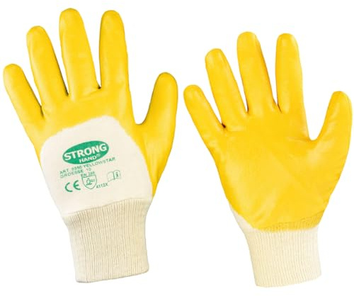 D2D | 12 Paar - Baumwollhandschuhe - Größe: 10 (XL) - Gelb - mit Nitril Beschichtung - Norm EN 388 CAT 2 - Arbeitshandschuhe - PU-Montagehandschuhe Gartenhandschuh