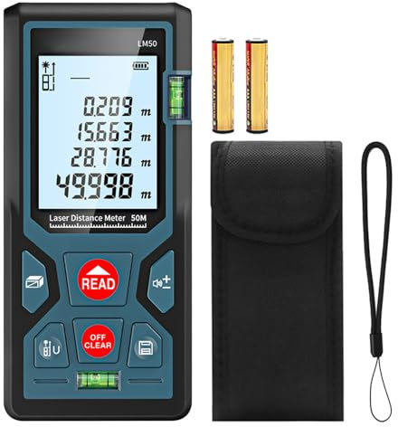 Tiardey Telémetro, LM50 50M Medidor de Distancia láser Digital con retroiluminación LCD M/In/Ft con múltiples Modos de medición como Pitágoras/mediciones de Distancia/área/Volumen