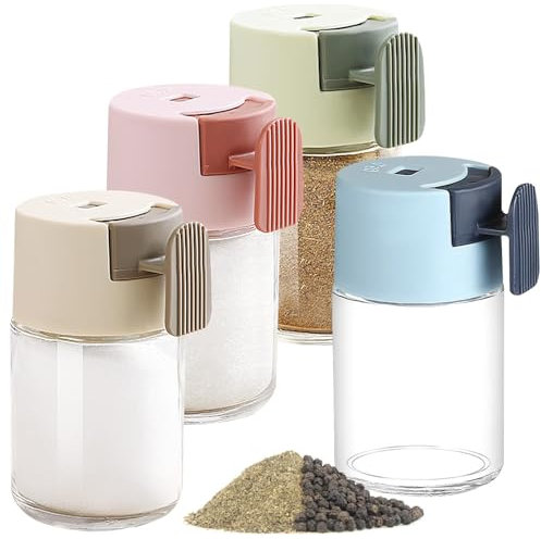 4er Set Gewürzstreuer mit Griff, 100ml Gewürzgläser Spice Glas Gewürzdosen mit Dosierer Salz und Pfefferstreuer Präzise 0,5g Dosierung für Küchensalzstreuer Gewürzstreuer Zuckerstreuer