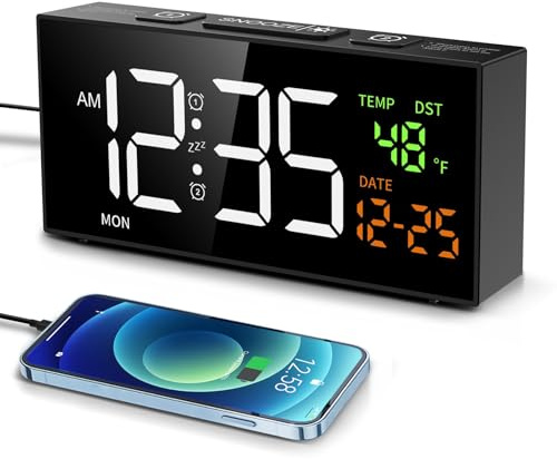 Netzu Alarm Clocks for Bedrooms, Digital Clock with Date Temperature and Weekday, Manual DST, Snooze, 2 Alarms, 4 Volumes for Living Room Home Bedside Desk (Black)