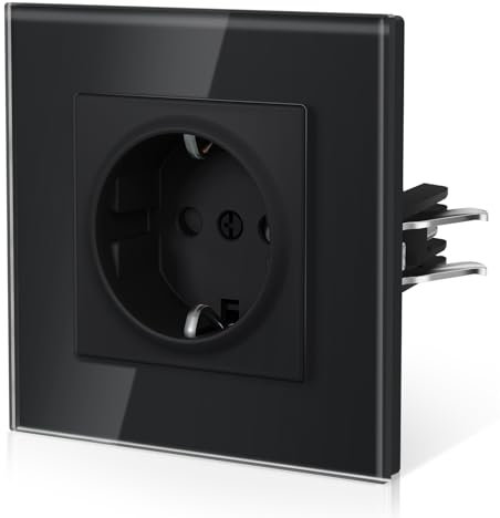 BSEED Enchufe Pared con Cristal,Enchufes Empotrable Estándar,Instalación Con Garfio,Conexión sin Destornillador,Seguridad infantil,E-Serie,1 Enchufe,86mm Negro