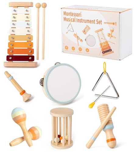 TAIHOBO Musikinstrument för barn, 7-delad Montessori babymusikleksak, med xylofon, trumma och trätrumpet, musikinstrument barn för förskola från 1-3 år