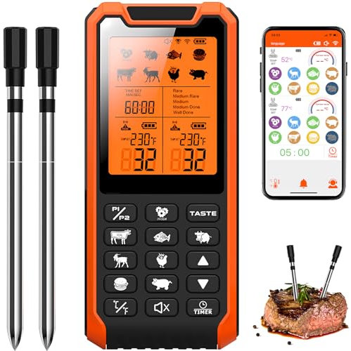 Fileeyn Thermomètre à viande intelligent sans fil Bluetooth avec 2 sondes, écran LCD, portée Bluetooth 500 ft, résistance à la chaleur, contrôle par application, thermomètre de barbecue pour barbecue