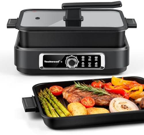 Slow Cooker, Techwood 1500W Electric Skillet 7.5-Quart Extra-large Capacity Multi-Cooker with 5-Level Heat Settings, Come with Non-stick Skillet Pan & Cooking Pot, Dishwasher Safe, Black