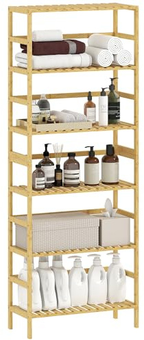 HOMCOM Estantería de Bambú de 6 Niveles, Estantería Almacenaje, Estantes Ajustables, Librería Estrecha para Espacios Pequeños, Baño, Sala de Estar y Cocina, 60x26x161 cm, Natural