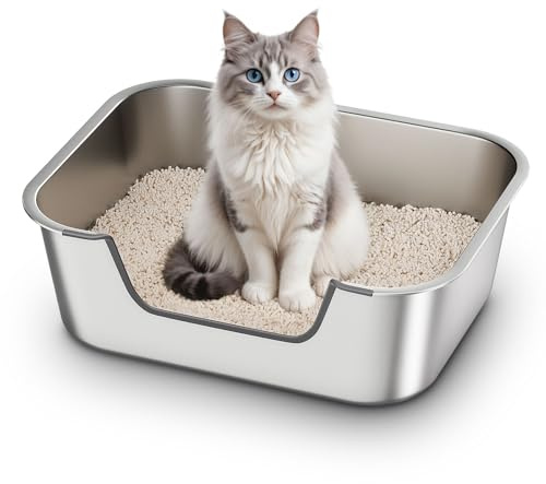 Arenero Gato Acero Inoxidable con Bordes Bajos, Arenero para Gatos Mayores o Heridos, Areneros de Gatos Grande XXL, Caja de Arena para Gato, Antiadherente, Sin Olores y Fácil de Limpiar, 45x35x15cm