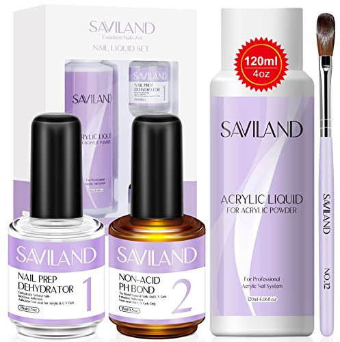 Saviland Set liquido acrilico per unghie con disidratante e primer per unghie in gel