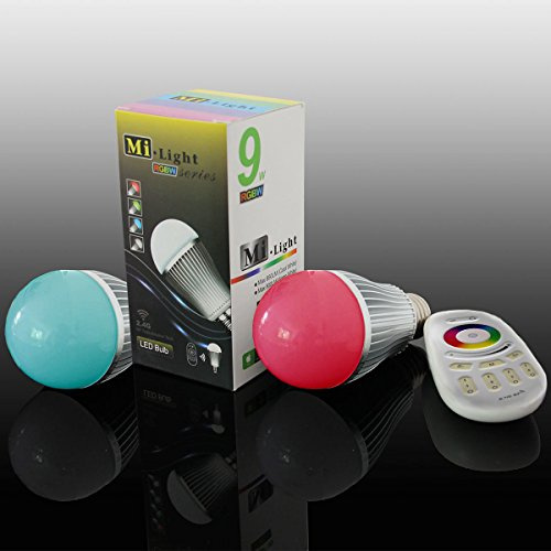 2x WLAN LED Lampe original MILIGHT® Color RGB- Warm Weiß, 9 Watt, E27, dimmbar, mit 4 zone Fernbedienung, Farbwechsel Glühbirne