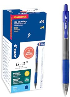 PILOT - Caja de 20 G2 Plus - Bolígrafos Retráctiles y Recargables con Tinta Gel - Excelente Comodidad de Escritura - Fabricado con Plástico Reciclado - Azul - Punta Fina
