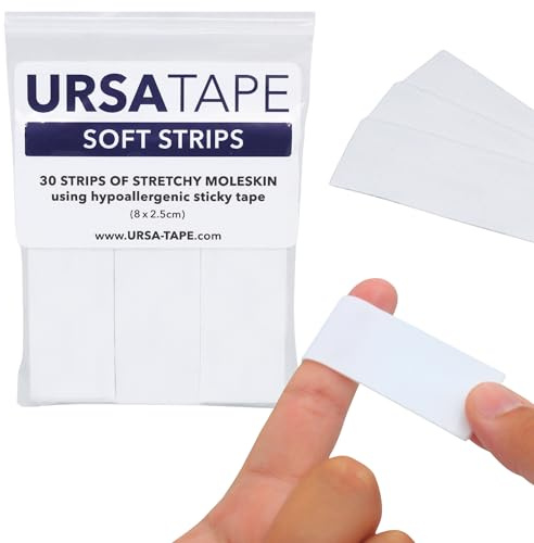 URSA Tape Stretchy Moleskin Fabric Tape | 30 Strips, Heavy-Duty Blister Prevention, No-Residue Bandages for Feet & Body Tape for Fabric | White Moleskin (3.14 x 0.98in)