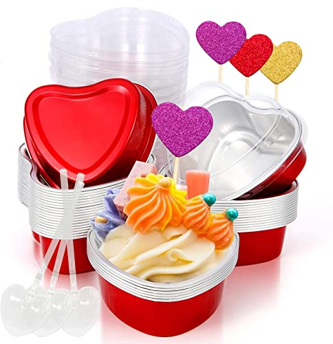 Aluminum Heart Shaped Cake Pans with Lids - Disposable Mini Baking Pans, 3.4 Ounces, 30 Packs - Red Heart Party Decorations for Valentine, Mother's Day, Birthday, Wedding - Romantic Supplies Favors