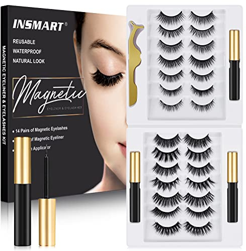 Magnetic Eyelashes, 14 Pairs False Lashes with 3 Tubes of Magnetic Eyeliner, Magnetic Lashes, Natural Look Kit with Tweezers, Reusable, No Glue