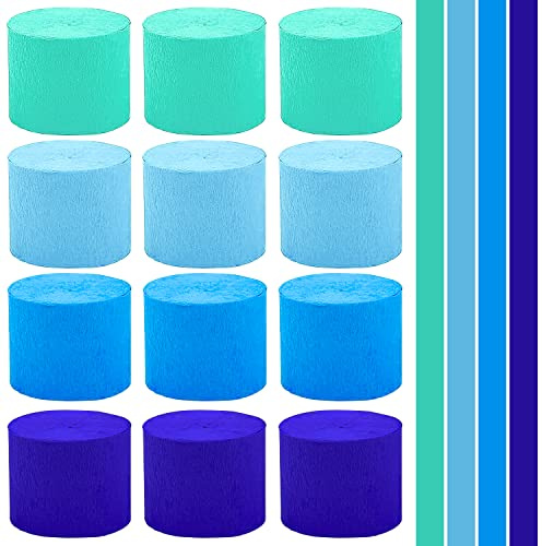 Papel crepon de papel crepon color azul crepe Paper Craft tiras para decoración de cumpleaños, bodas y fiestas de Acción de Gracias, decoración navideña, bricolaje, 12 rollos de 25 x 4,5 cm