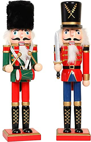 KAHEIGN 2 Pièces Soldats Casse-Noisette en Bois, 2 Styles 30CM Chiffres de Casse-Noisette Traditionnels de Noël Soldat Peint en Bois de Pin de Qualité Supérieure pour Décoration (Tambour & Épée)