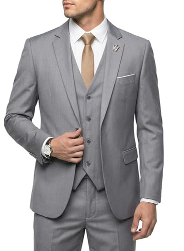 Hihawk Men's 3 Piece Suit with Stretch Fabric, Solid Slim Fit One Button Suit Blazer Set, Jacket Vest Pants with Tie., Grey, M