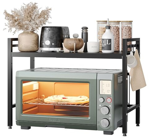 NETEL Mensola Microonde Estensibile Contatore Cucina Organizzatore Supporto Microonde Scaffali Salvaspazio Forno Mensola Con 8 ganci, Nero 2 livelli