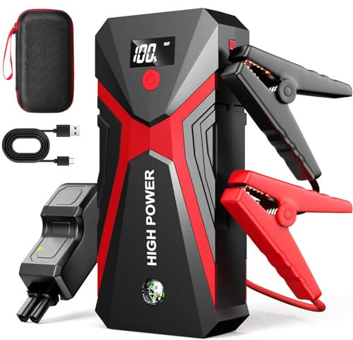 NHOWIN Jump Starter Power Pack, 4-IN-1 Car Battery Booster (Up to 8.5L Gas or 5.0L Diesel Engine) with Leads, Portable Car Jump Starter Power Bank with USB Fast-Charging Port and LED Flashlight