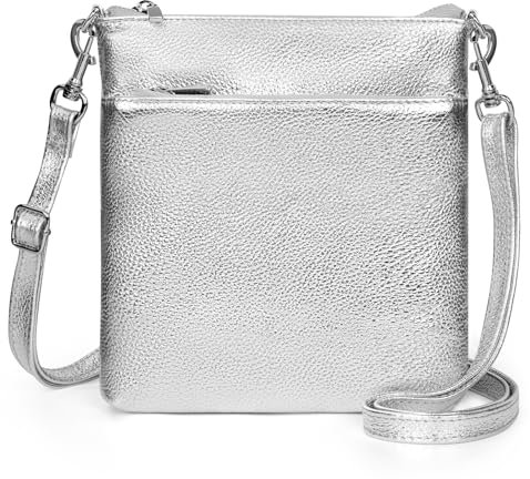 befen Echtleder Umhängetasche Damen Mittelgroß, Handtasche Damen Leder mit Handyfach, Klein Crossbody Bag Handytasche zum Umhängen mit Verstellbar Abnehmbar Schultergurt, Silber