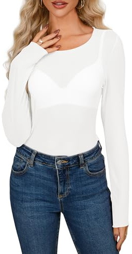 Homlan Top de Malla para Mujer, Manga Larga, Sexy, Parte Superior de Malla, Transparente, Blusa Floral Transparente, M-Blanco., S