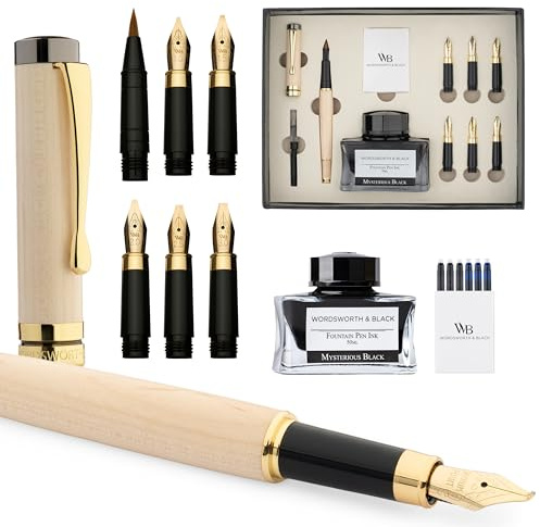 Wordsworth & Black Calligraphy Pen Gift Set, Includes Ink Bottle, 6 Ink Cartridges, Ink Refill Converter, 6 Replacement Nibs, Luxury Bamboo, Journaling, Smooth Writing Pens [Maple Wood]