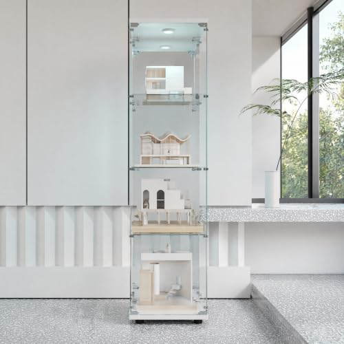 KOOPMAD Vitrina de cristal con luz LED y cerradura, armario para colección, vitrina de cristal para salón, dormitorio, 42 x 36 x 164 cm, cristal de espejo, 1 puerta, 4 niveles, color blanco