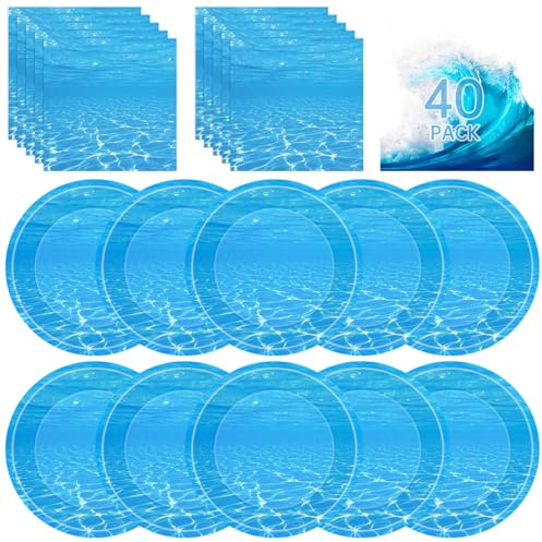 40 Pcs Ocean Plates and Napkins Sets - Under The Sea Party Supplies Tableware, Blue Disposable Paper Plates and Napkins Kit for Summer Ocean Themed Party Decorations Birthday Table Decor, Serves 20
