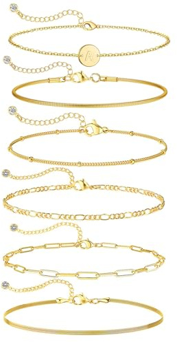 Aretas Bracelet en Or pour Femme, 6 PCS, Bracelet Charms Lettre A en Liens, Ensembles de Bijoux Empilables Plaqué Or 14K Réel, Cadeaux pour Fille, Copine, Fille, Mère