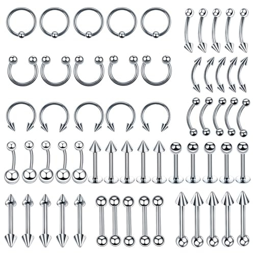 Uwiyo 60PCS Body Piercing Kit, Stainless Steel 16G Lip Piercing Nose Septum Piercings Eyebrow Piercings Nipple Piercinge Belly Piercinge Tongue Bars Cartilage Tragus Earrings Unisex (Silver-1.2*10mm)