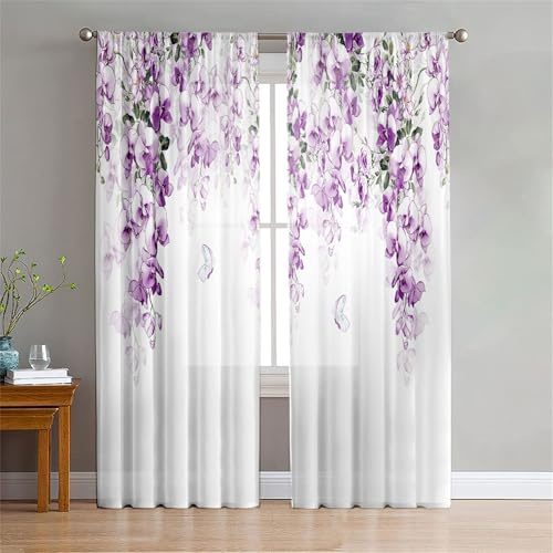 Odot Tende Soggiorno Semi Trasparenti, Stile Floreale Stampa 3D Tenda Voile con Tasca per Asta 2 Pannelli Filtranti Finestra Moderna per Camera da Letto Cucina (Fiore di glicine,132x182cm)