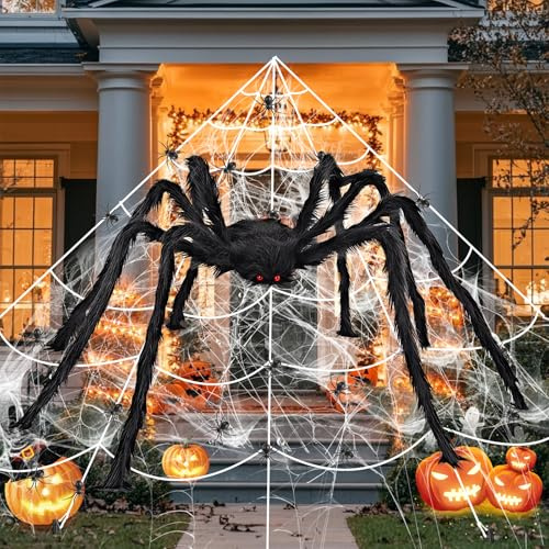 Halloween Decoracion, 2 m Araña Gigante, 5 m Telaraña Gigante Triangular, Telaraña Araña de 40g 20 Miniarañas, Realista Halloween arañas para Terror, Jardín, Fiestas