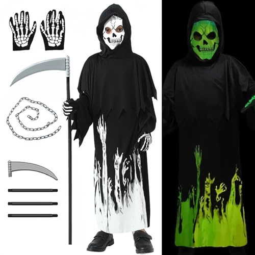 YOGLY Fille et Garçon Costume de Faucheuse avec Accessoires Déguisement de Squelette Lumineux Costume Enfant Gothique Grim Reaper Costume Noël Anniversaire Fête Halloween Carnaval Cosplay