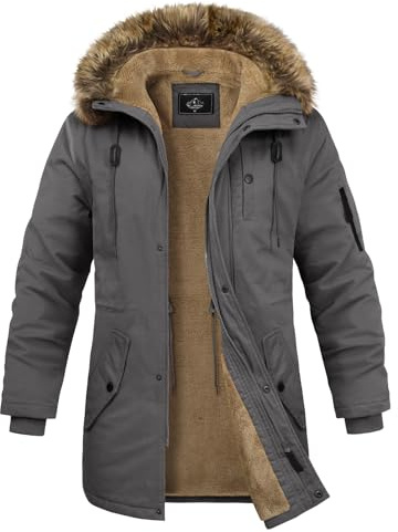 Lonya Abrigo Hombre Invierno Chaquetas de Algodón Forro Polar Cálido Parka Gruesa Cuello De Piel Desmontable Prueba de Viento Cazadora con Capucha Integrada Bolsillos Múltiples, Gris Oscuro, L