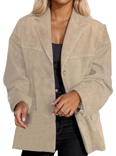 Chaqueta de gamuza sintética para mujer, manga larga, con botones, casual, para negocios, trabajo, caqui, S