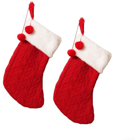 2pcs Knit Christmas Stockings. Wool Holiday Decor. Red Green White. 23x35cm. Fireplace Hanging Socks for Fireplace Christmas Holiday Party Decoration(Red)