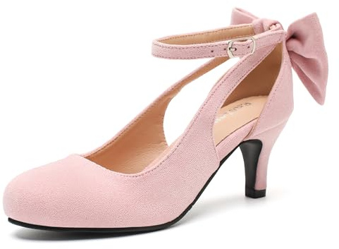 Enelauge Women's Mary Jane Bow Closed Toe Vintage Pumps Low Kitten Heel Retro Ankle Strap Buckle Comfortable Vintage Elegant Wedding Party Dress Shoes Pale Pink Suede 38-7US