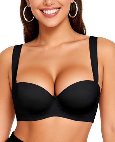 Upushall Push Up Padded Bra Add 1 Cup Balconette Underwire Support Back Smoothing T-Shirt Bras for Women Black 38B