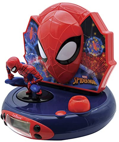 LEXIBOOK, Spider-Man, Projector Alarm Clock for kids, Nightlight and time projection to the ceiling, Sound Effects, Battery-powered, Red, RP500SP