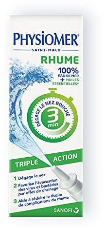 Physiomer Rhume Triple Action - Spray nasal 100% eau de mer - Dispositif médical - Huiles essentielles - Dégage le nez bouché en 3 minutes par action osmotique naturelle - A partir de 6 ans - 20 mL