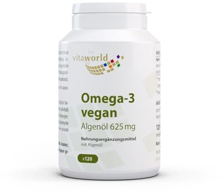 vitaworld Omega-3 Vegan Algenöl 625 mg, Gewonnen aus der Mikroalge Schizochytrium sp., 250 mg DHA pro Kapsel, 120 Kapseln